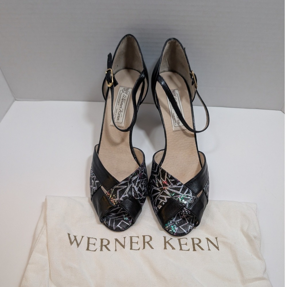 Werner Kern Ballroom Dance Shoes Black Metallic Geometric Heel 6.5UK 9US Italy